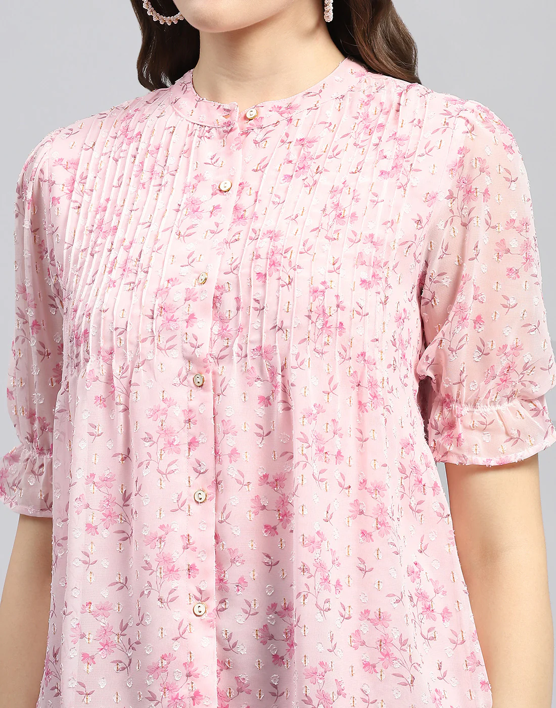 Women Pink Printed Mandarin Neck Half Sleeve Top - Image 7