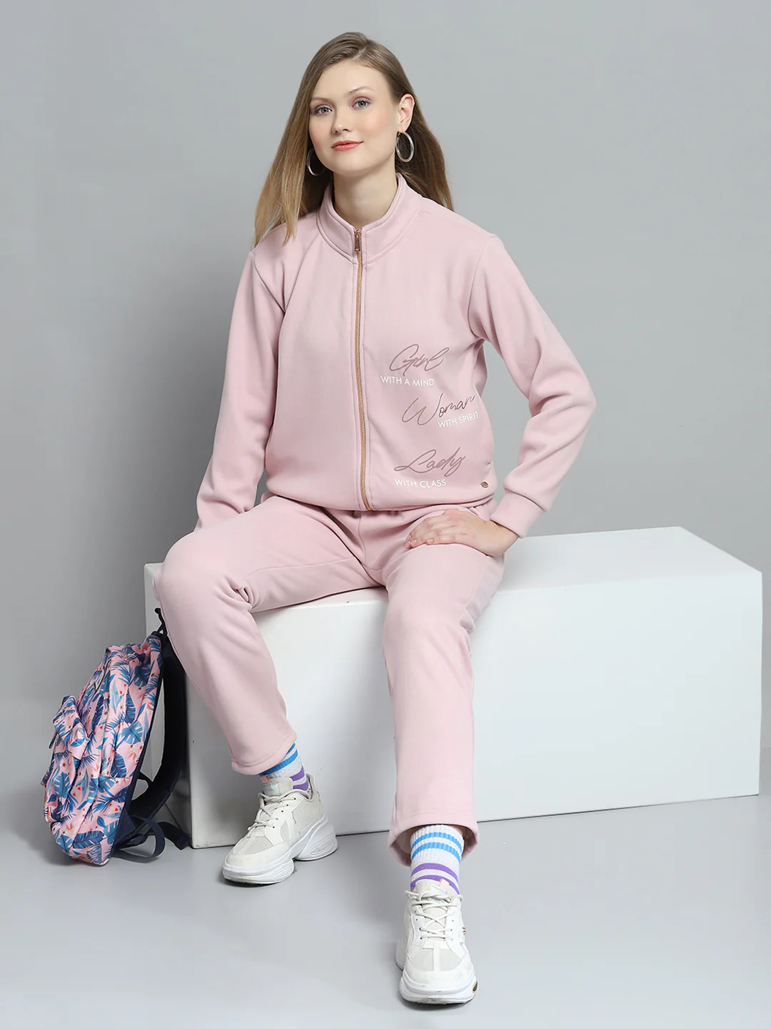 Women Pink Printed Mock Neck Full Sleeve Tracksuit - Image 2