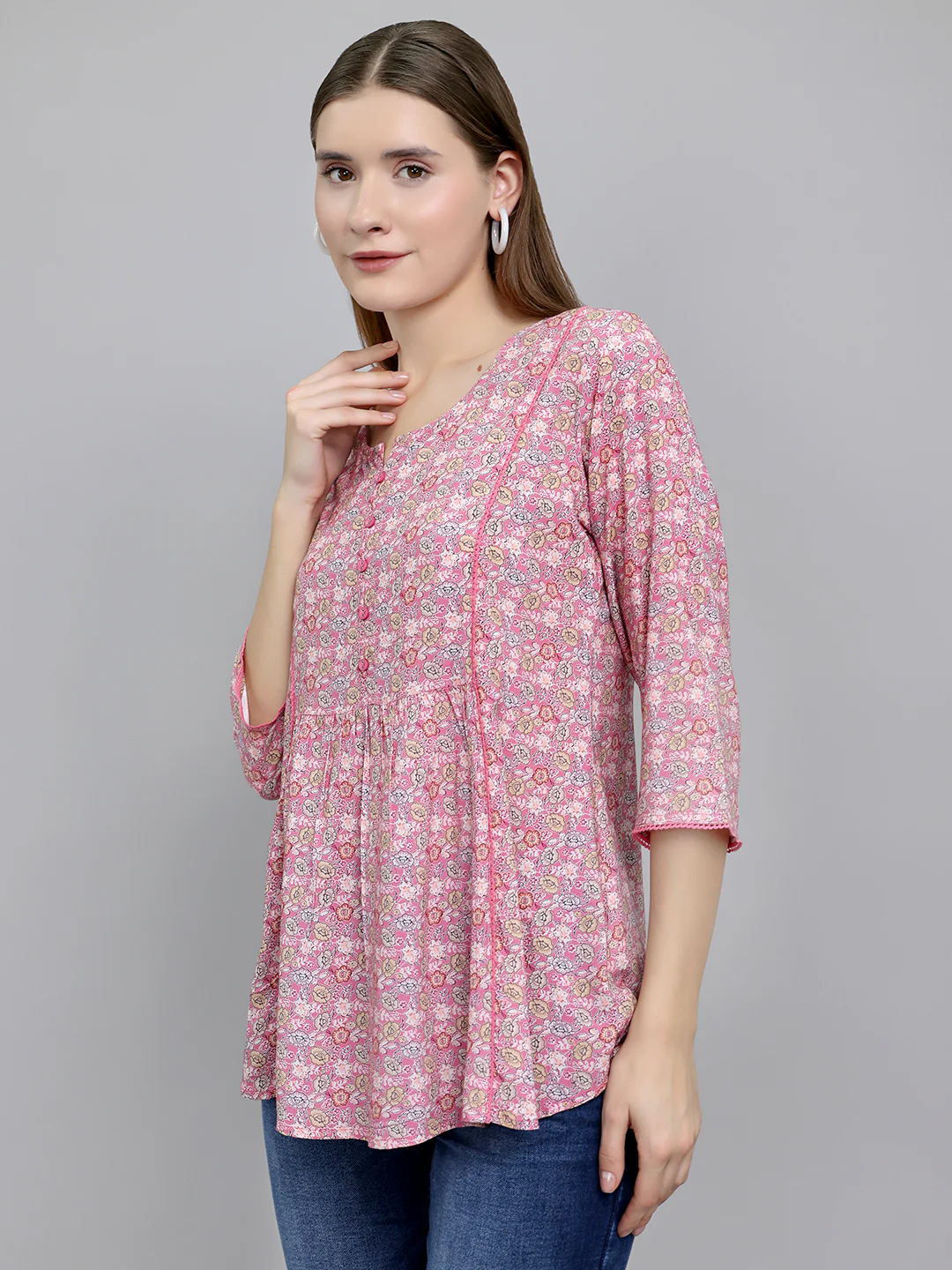 Women Pink Printed Round Neck 3/4th Sleeve Top - Image 2