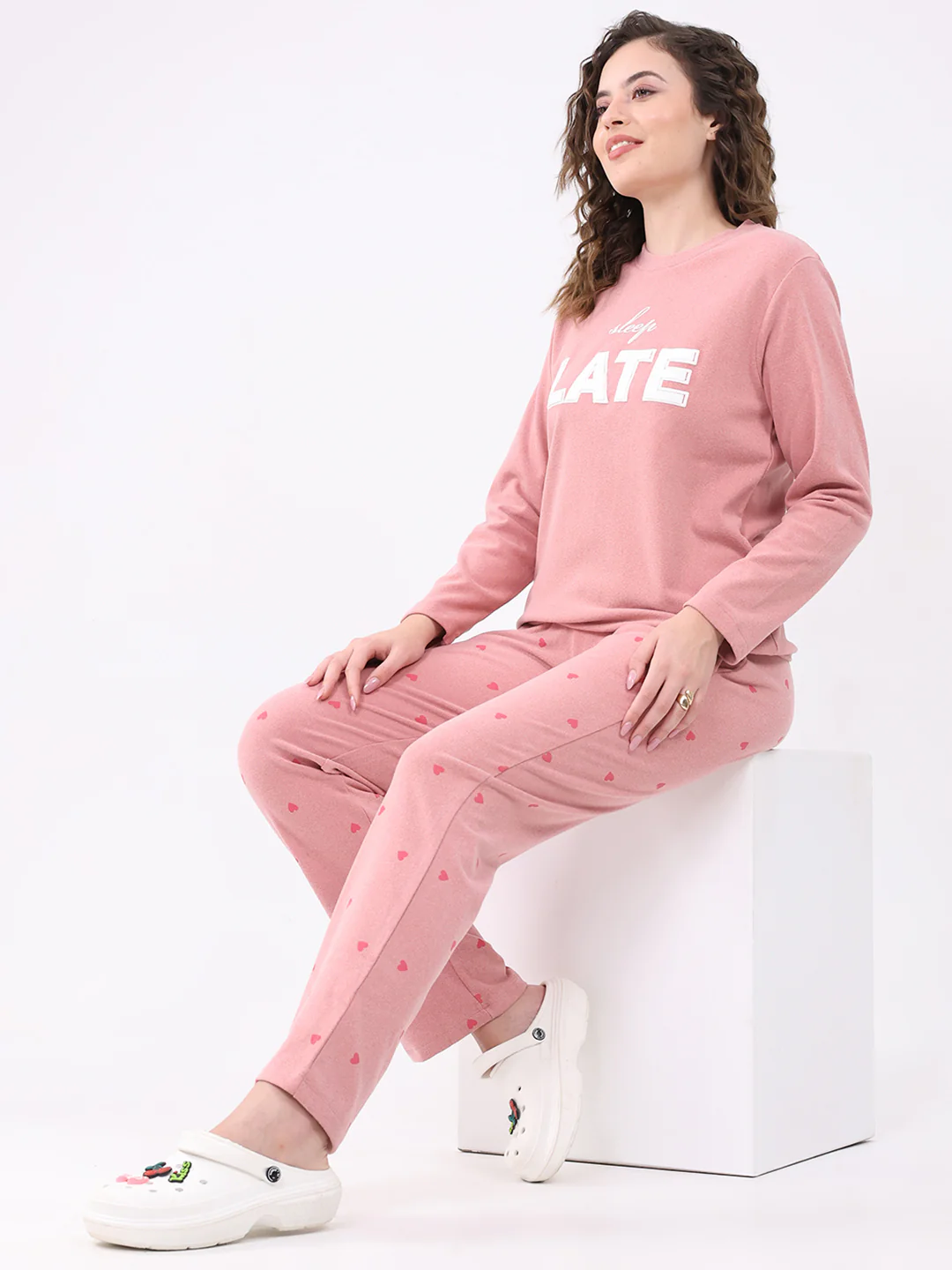 Women Pink Printed Round Neck Full Sleeve Lower Set - Image 2