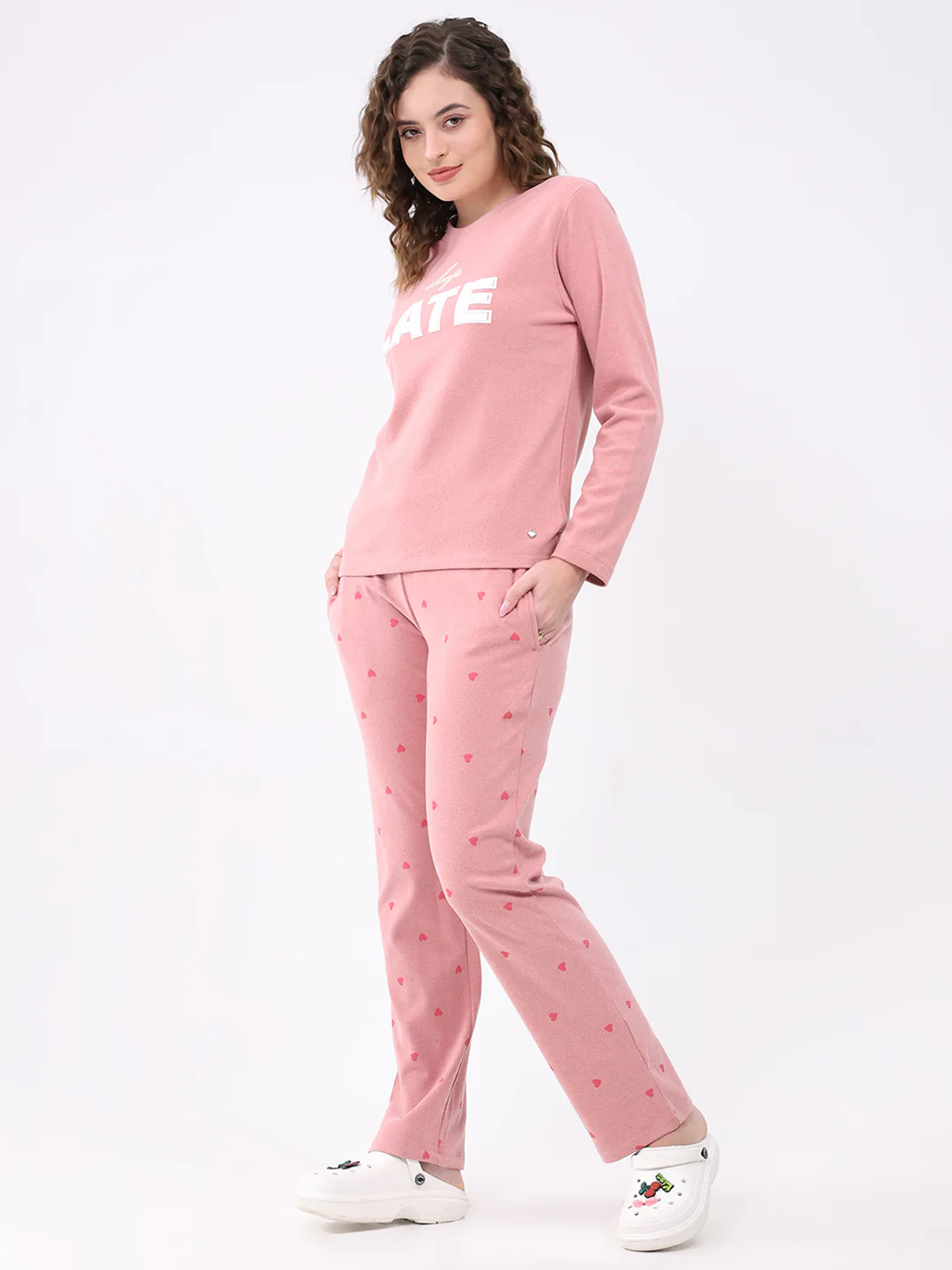 Women Pink Printed Round Neck Full Sleeve Lower Set - Image 3
