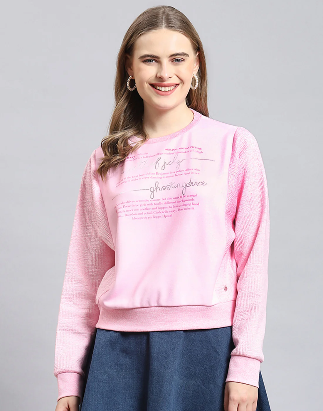 Women Pink Printed Round Neck Full Sleeve Sweatshirt - Image 3