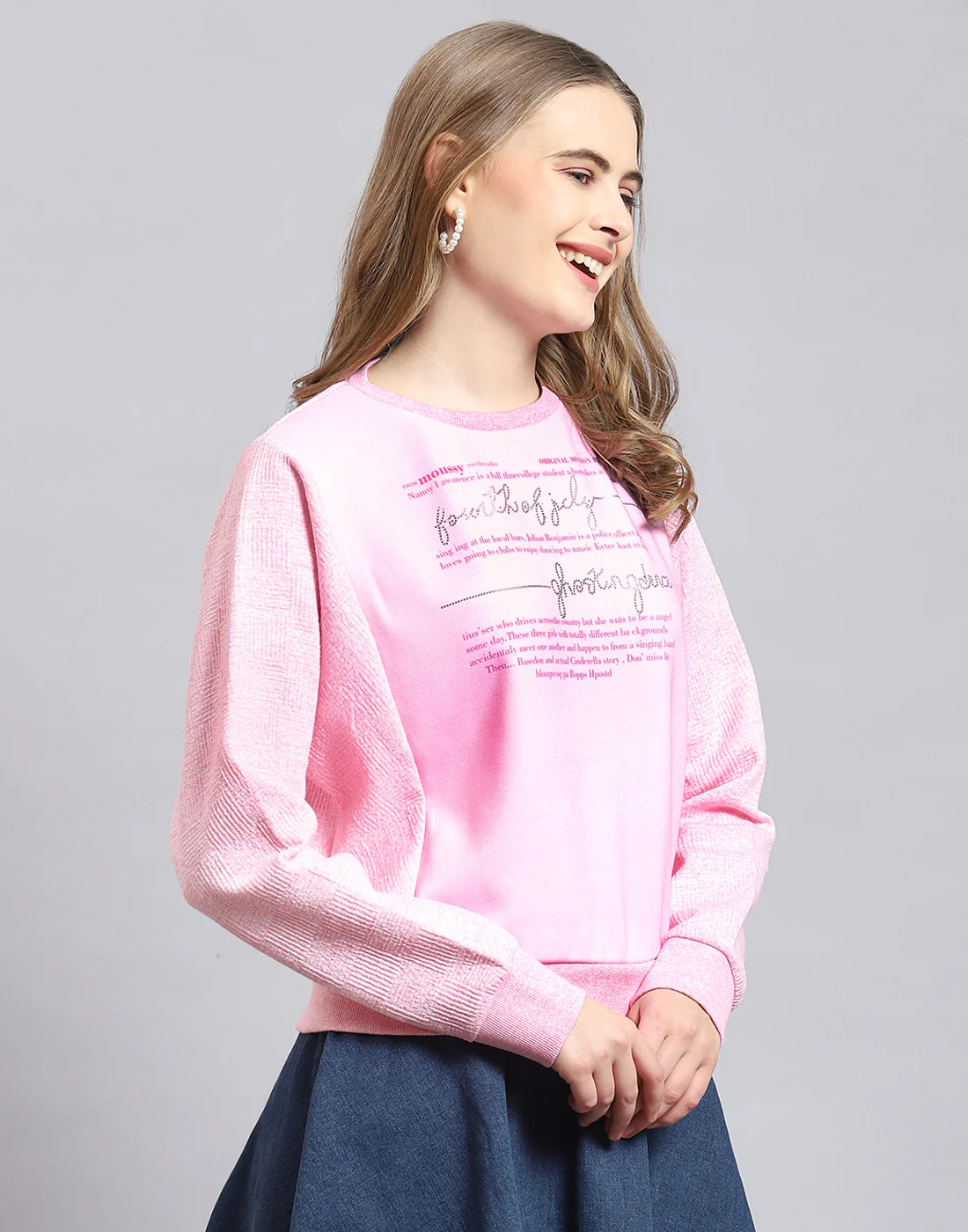 Women Pink Printed Round Neck Full Sleeve Sweatshirt - Image 5