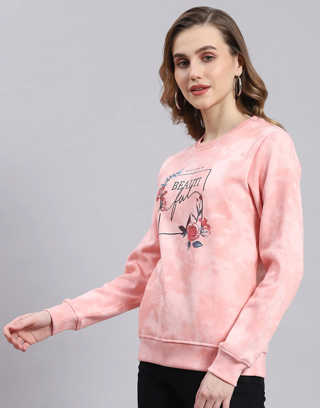 Women Pink Printed Round Neck Full Sleeve Sweatshirt - Image 3