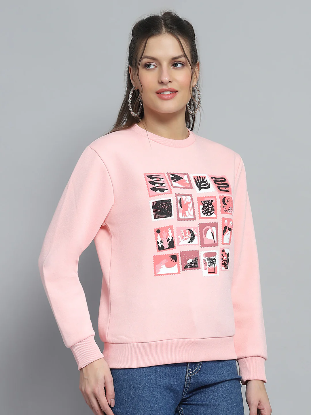 Women Pink Printed Round Neck Full Sleeve Sweatshirt - Image 4