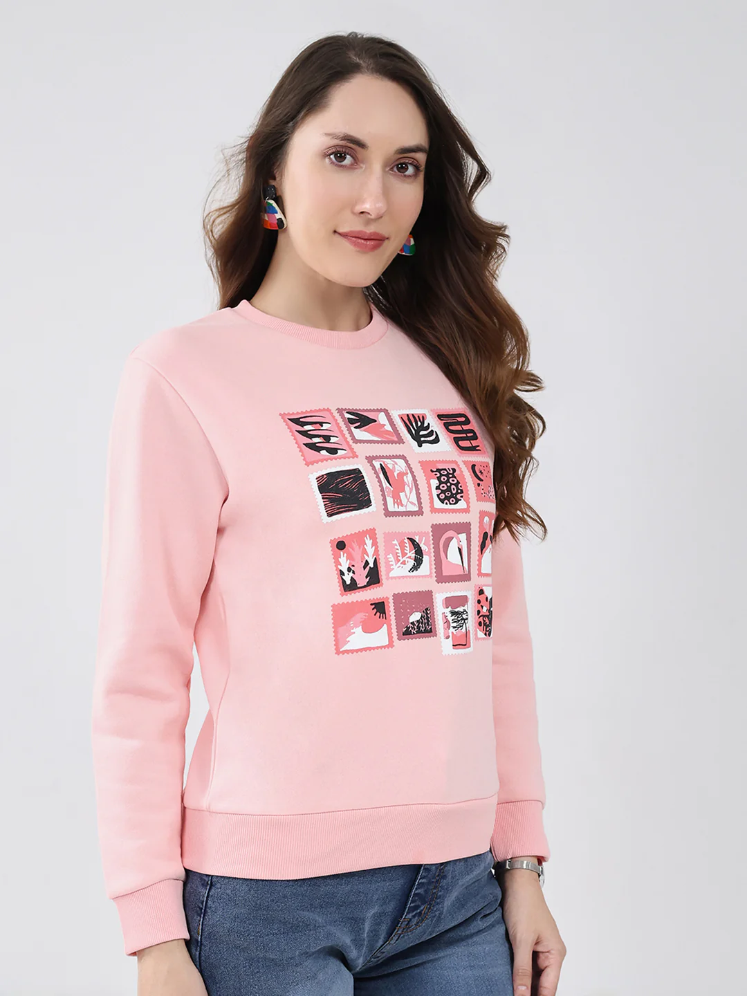 Women Pink Printed Round Neck Full Sleeve Sweatshirt - Image 4