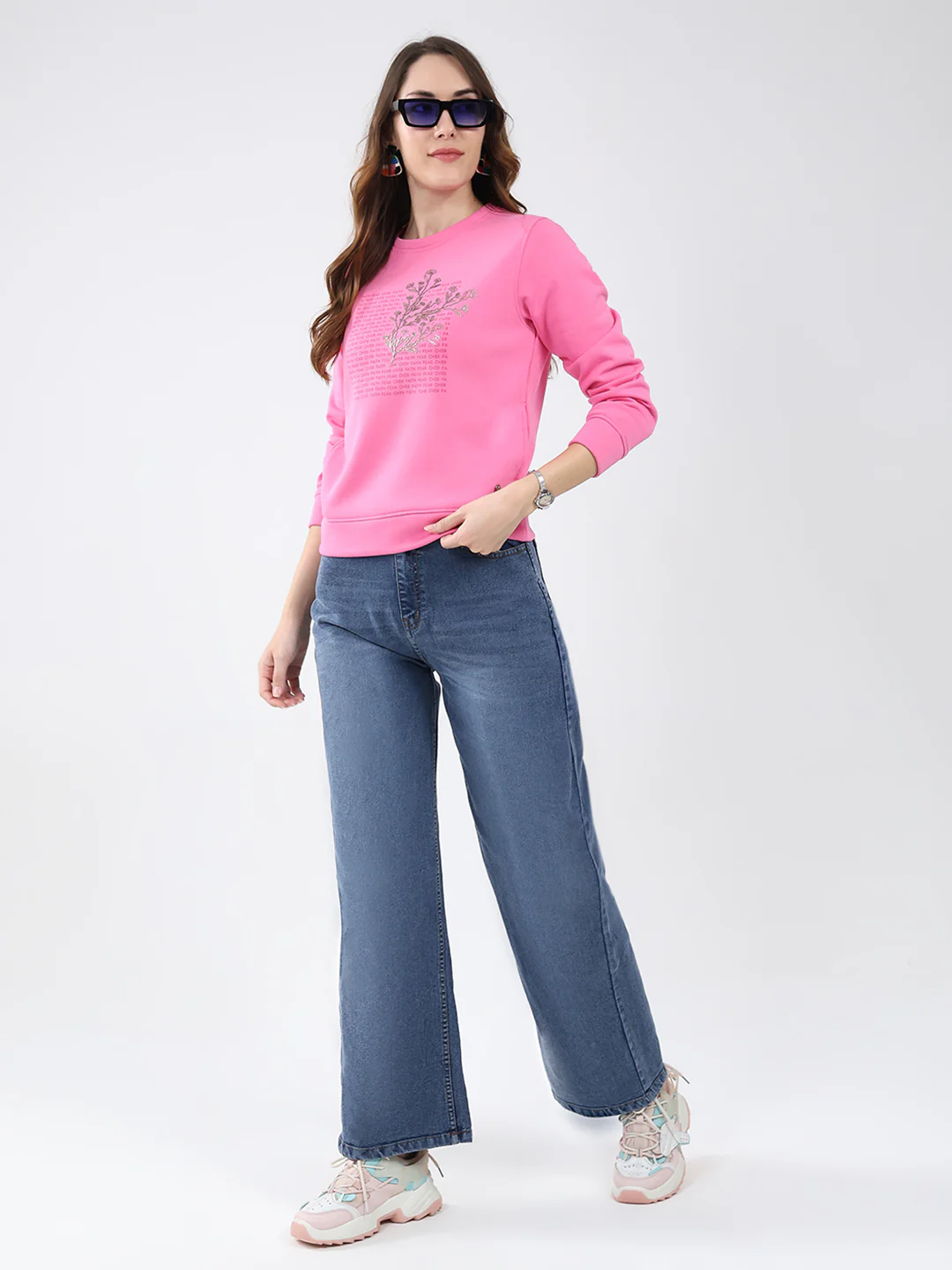 Women Pink Printed Round Neck Full Sleeve Sweatshirt - Image 2