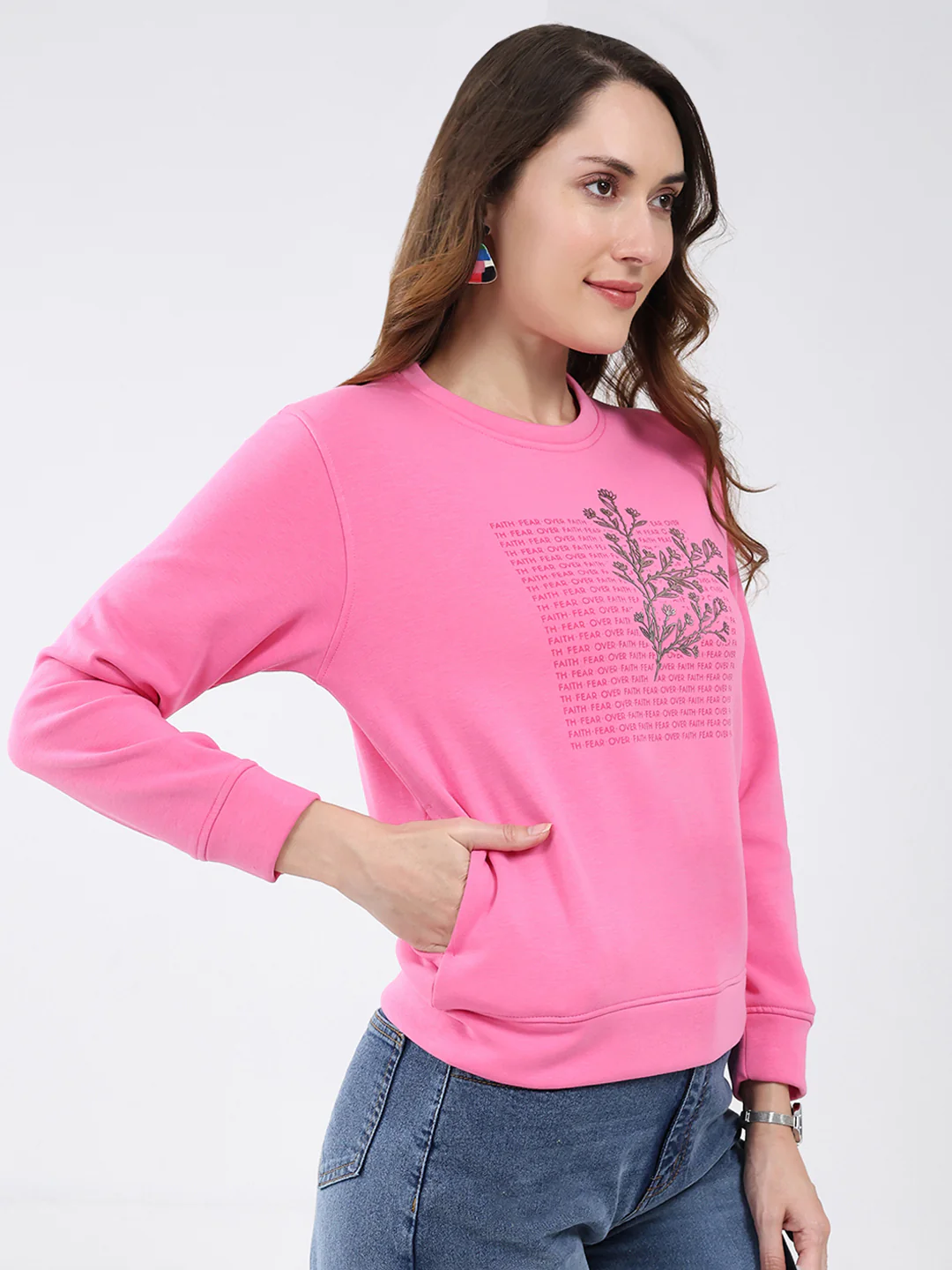 Women Pink Printed Round Neck Full Sleeve Sweatshirt - Image 4