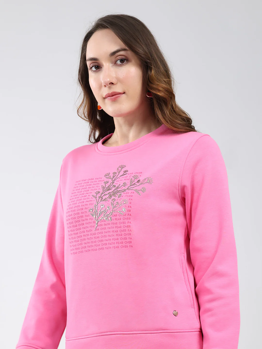 Women Pink Printed Round Neck Full Sleeve Sweatshirt - Image 7