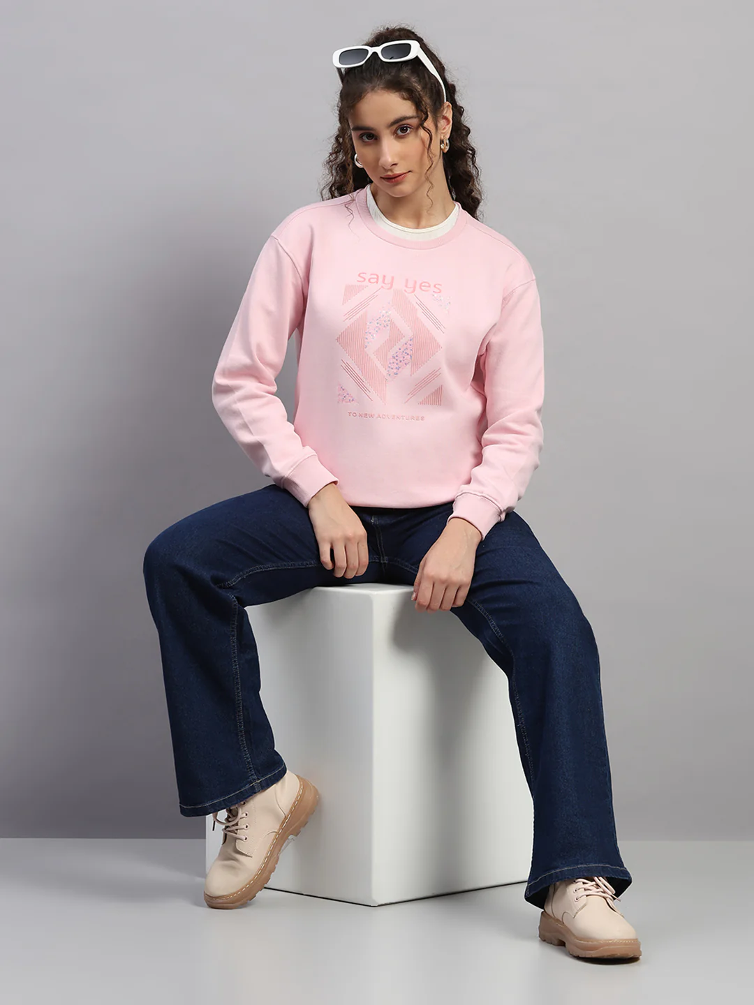 Women Pink Printed Round Neck Full Sleeve Sweatshirt - Image 2