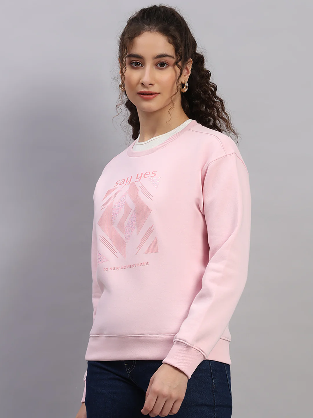 Women Pink Printed Round Neck Full Sleeve Sweatshirt - Image 3