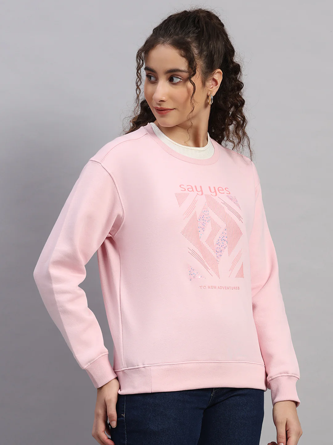 Women Pink Printed Round Neck Full Sleeve Sweatshirt - Image 4