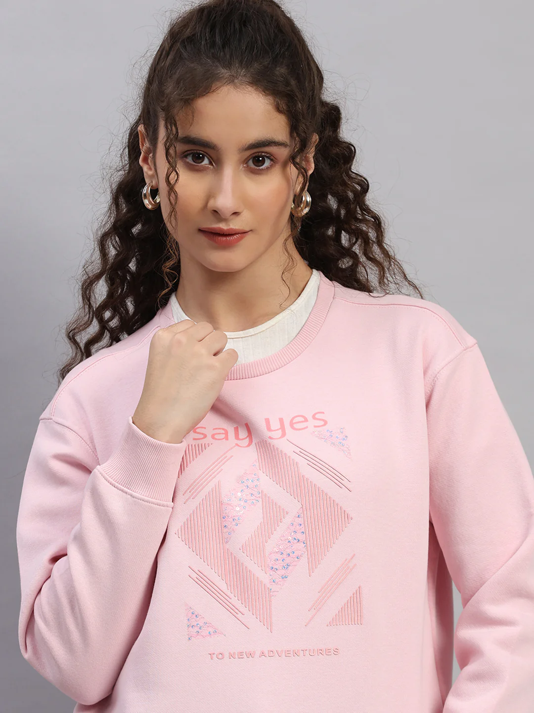 Women Pink Printed Round Neck Full Sleeve Sweatshirt - Image 6