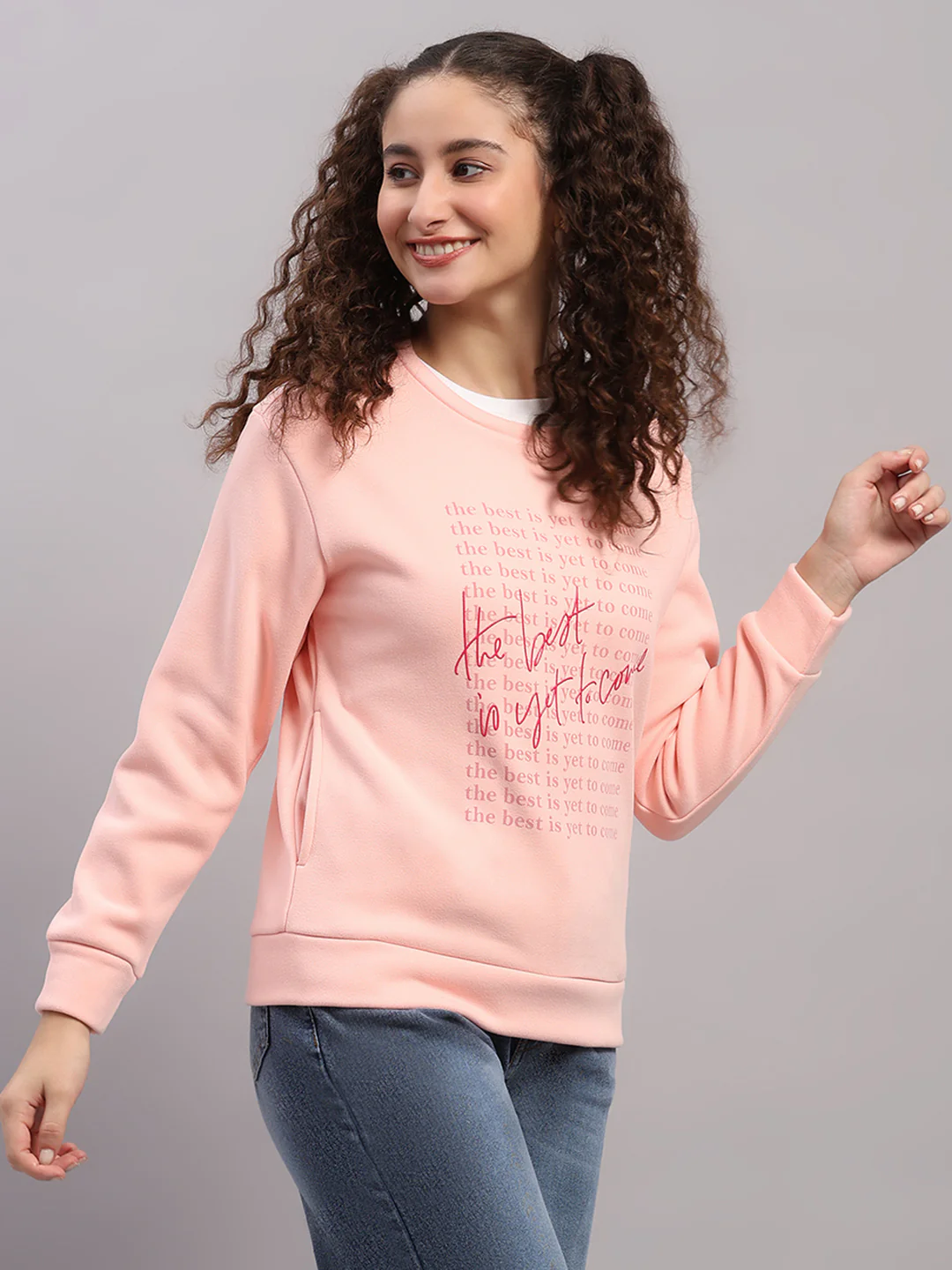 Women Pink Printed Round Neck Full Sleeve Sweatshirt - Image 4