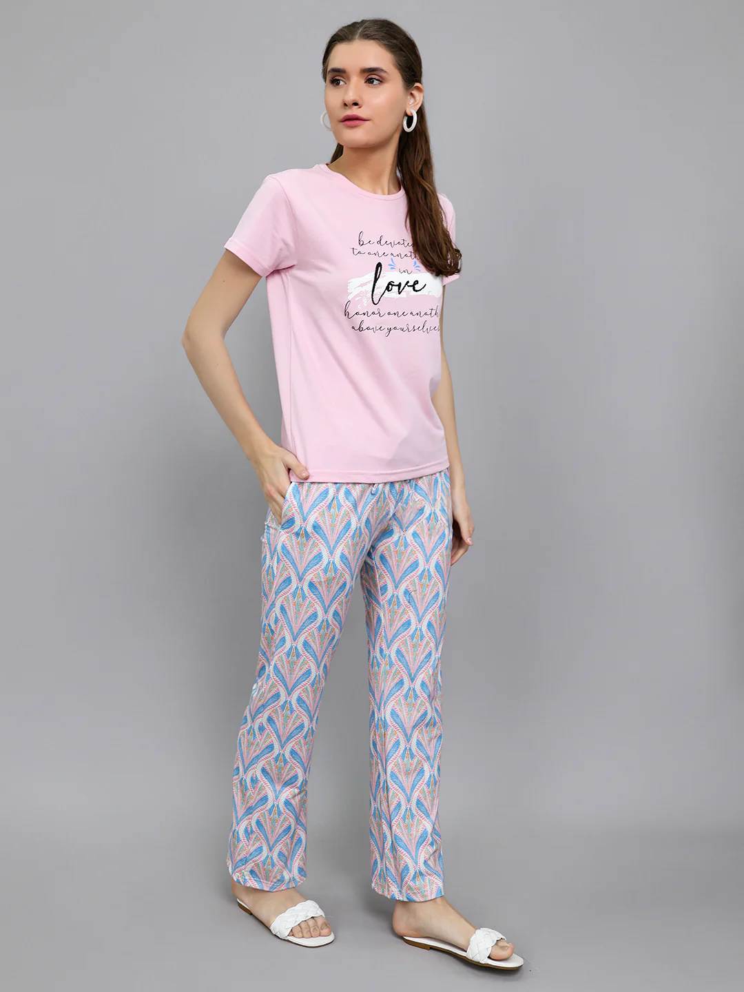 Women Pink Printed Round Neck Half Sleeve Lower Set - Image 3