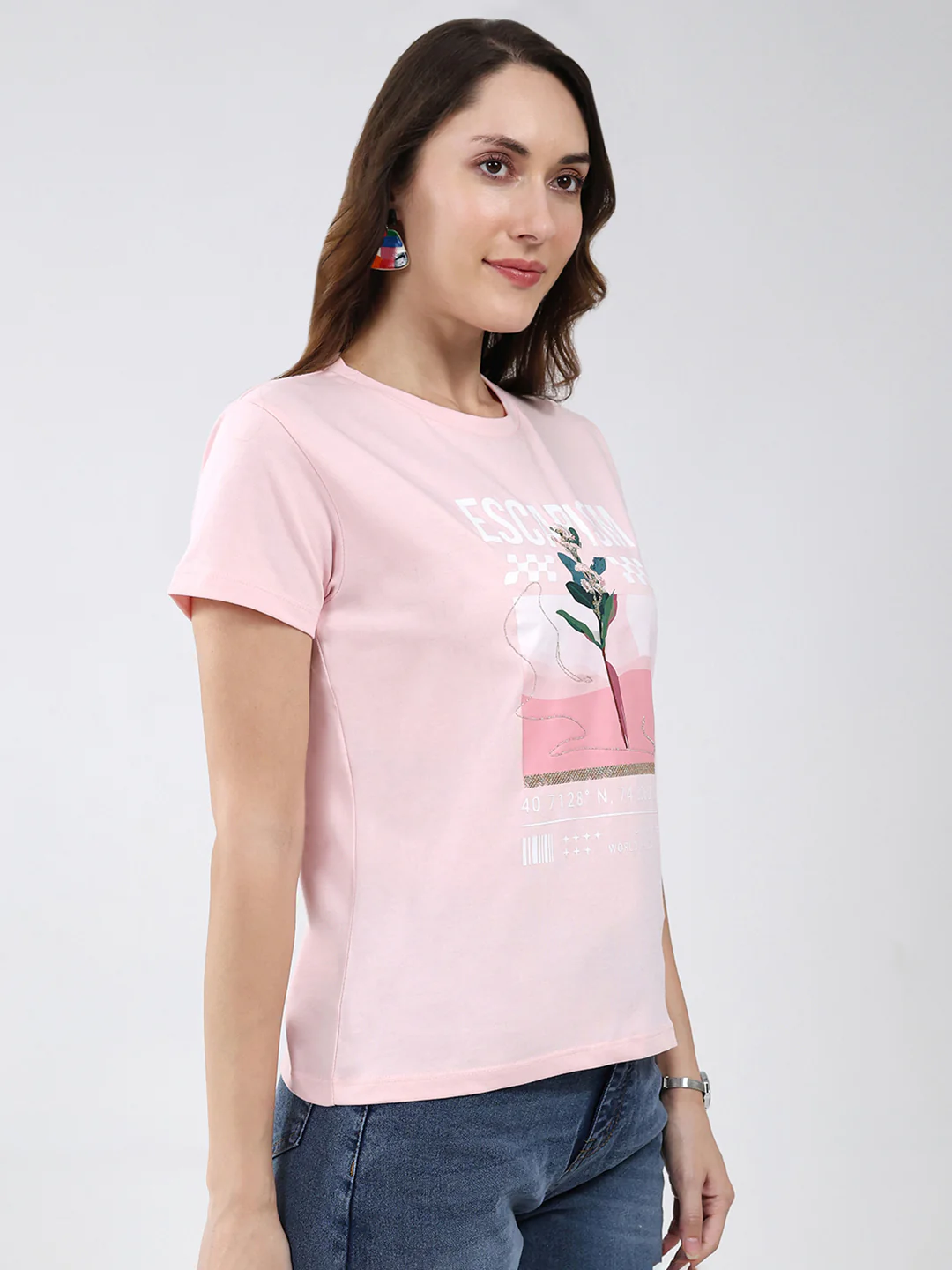 Women Pink Printed Round Neck Half Sleeve Top - Image 4