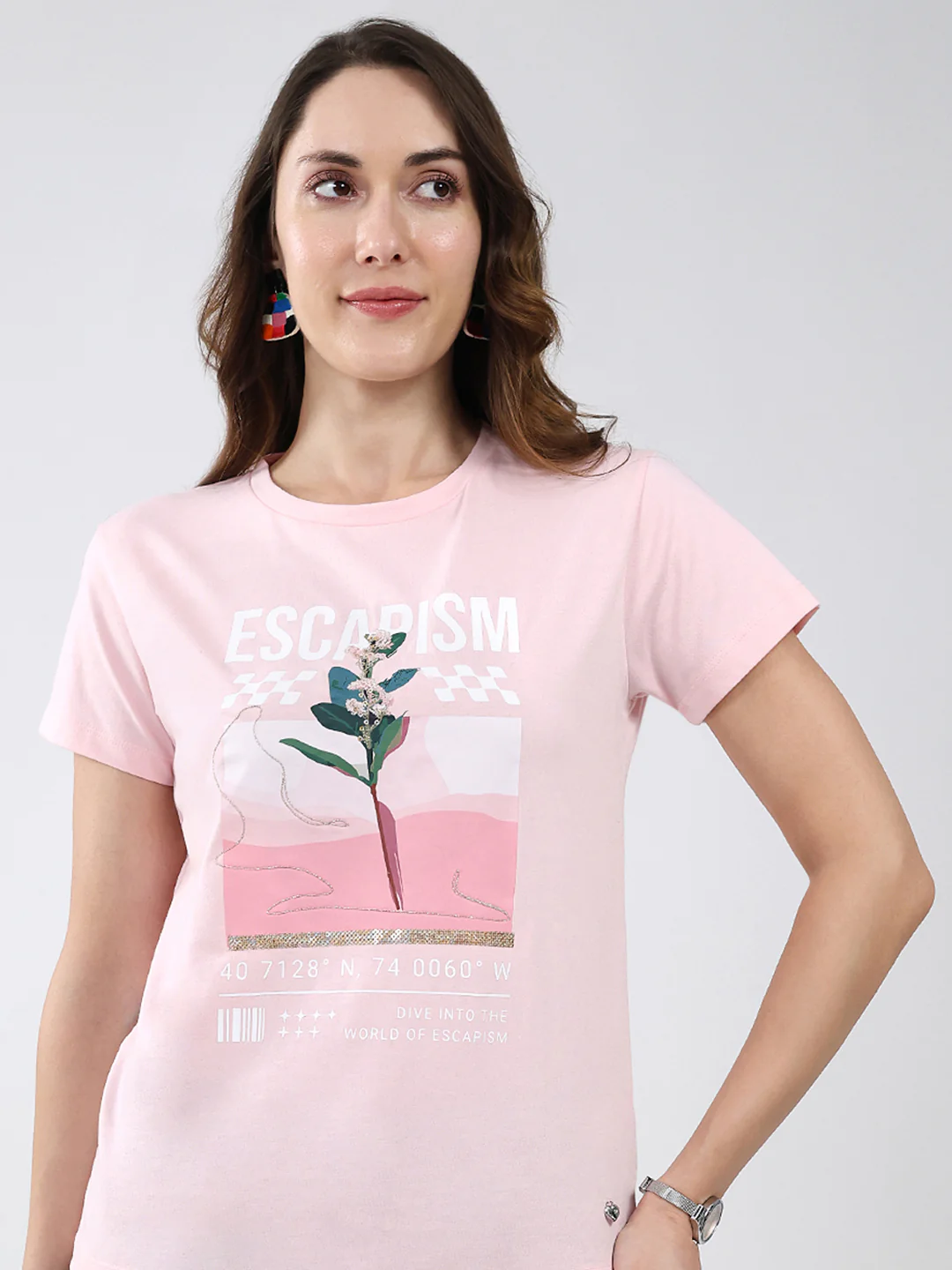 Women Pink Printed Round Neck Half Sleeve Top - Image 7