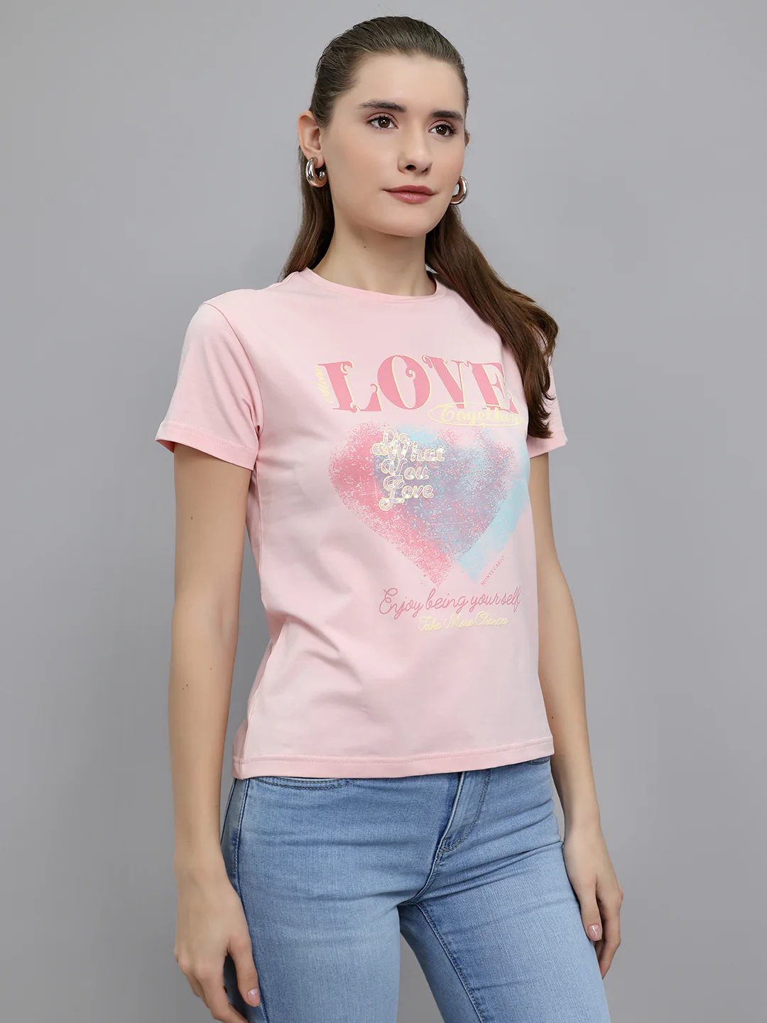 Women Pink Printed Round Neck Half Sleeve Top - Image 3