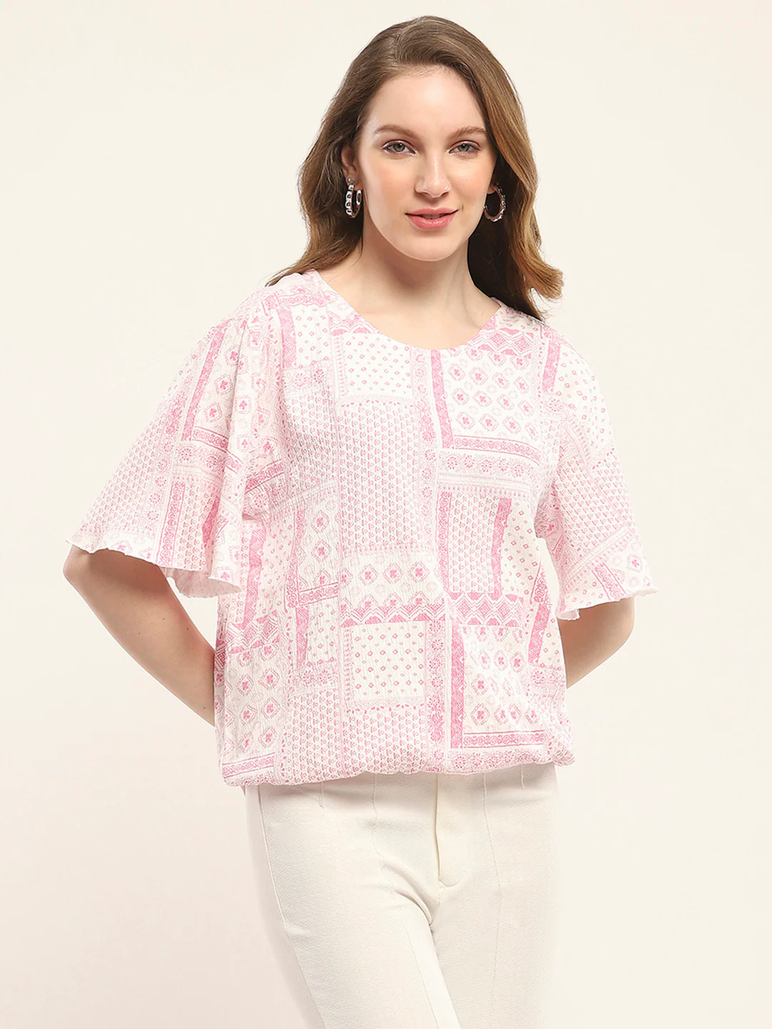 Women Pink Printed Round Neck Half Sleeve Winte Top