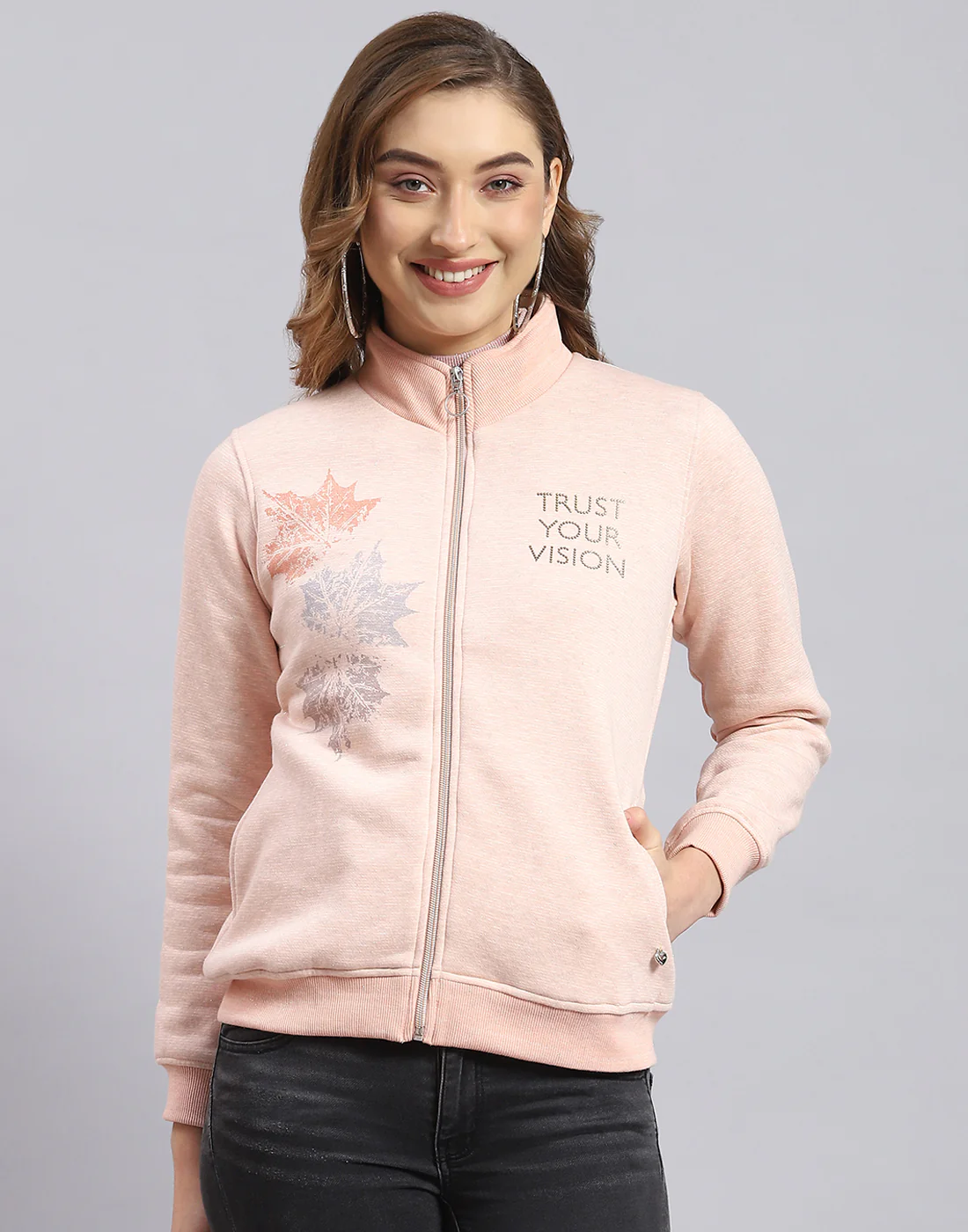 Women Pink Printed Stand Collar Full Sleeve Sweatshirt - Image 2