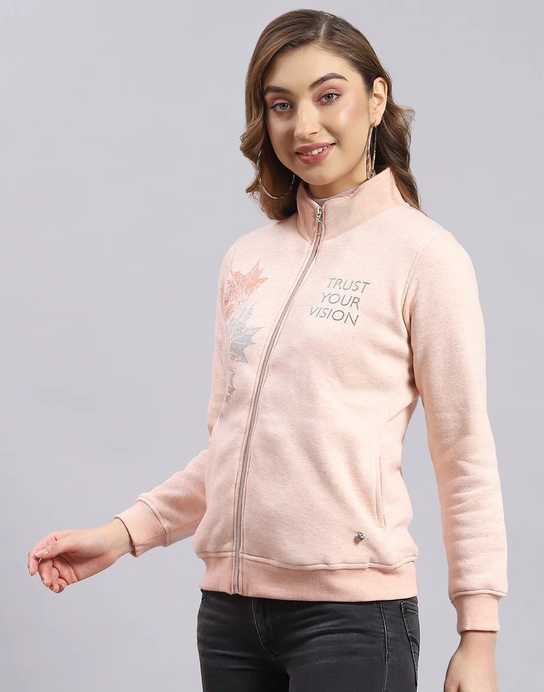 Women Pink Printed Stand Collar Full Sleeve Sweatshirt - Image 3