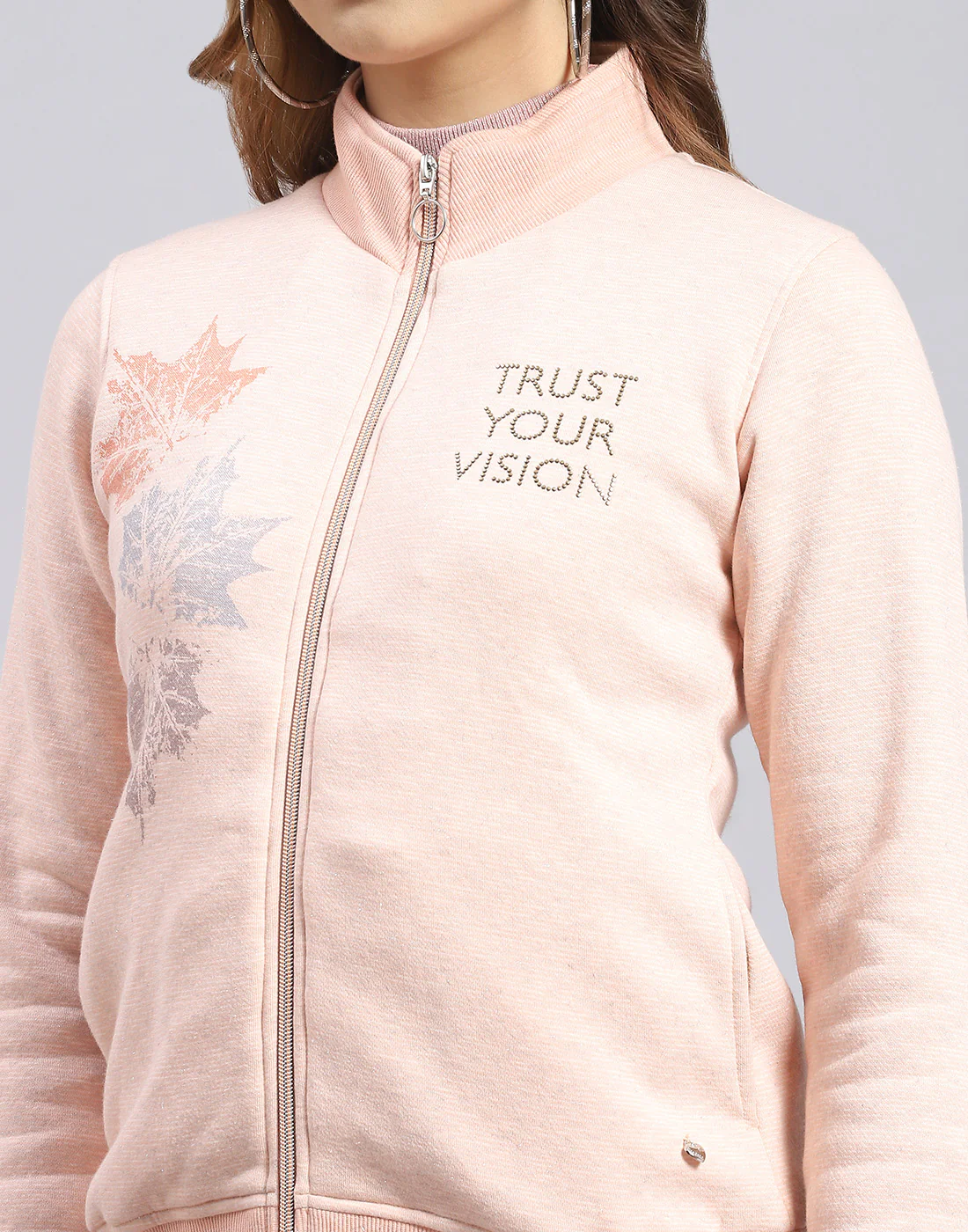 Women Pink Printed Stand Collar Full Sleeve Sweatshirt - Image 7