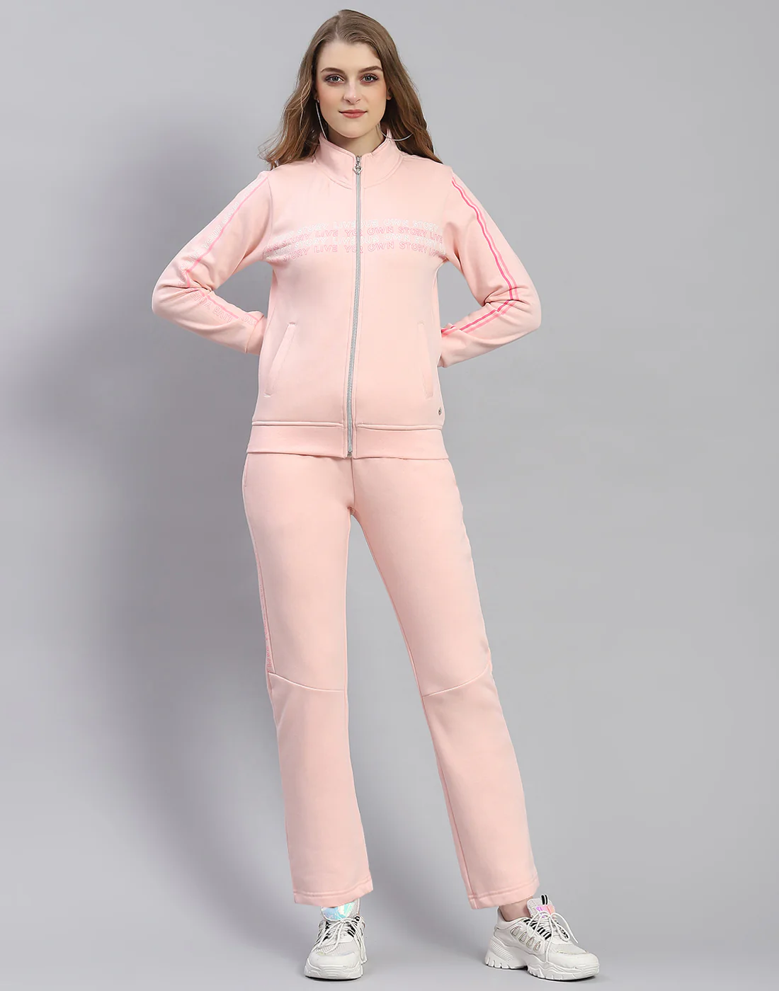 Women Pink Printed Stand Collar Full Sleeve Tracksuit - Image 2