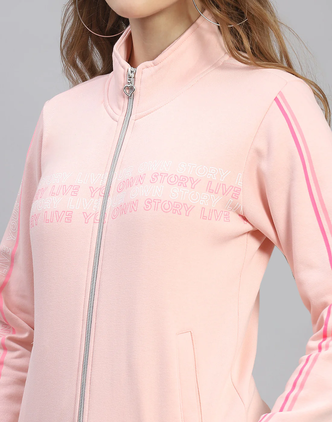 Women Pink Printed Stand Collar Full Sleeve Tracksuit - Image 7