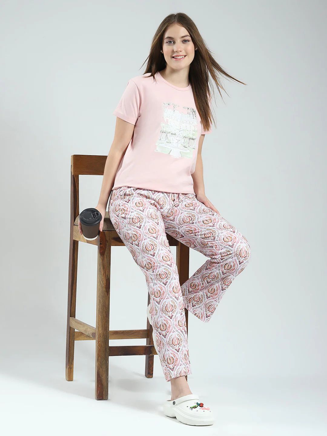 Women Pink Printed Round Neck Half Sleeve Lower Set - Image 2