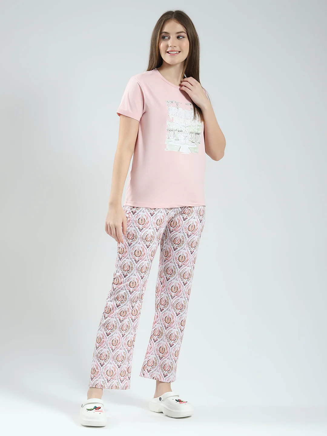 Women Pink Printed Round Neck Half Sleeve Lower Set - Image 4