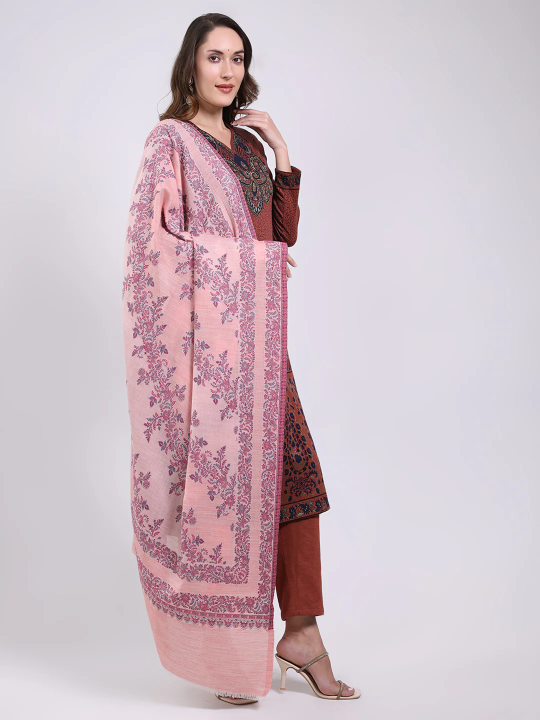 Women Pink Printed Wool Blend Shawl - Image 4