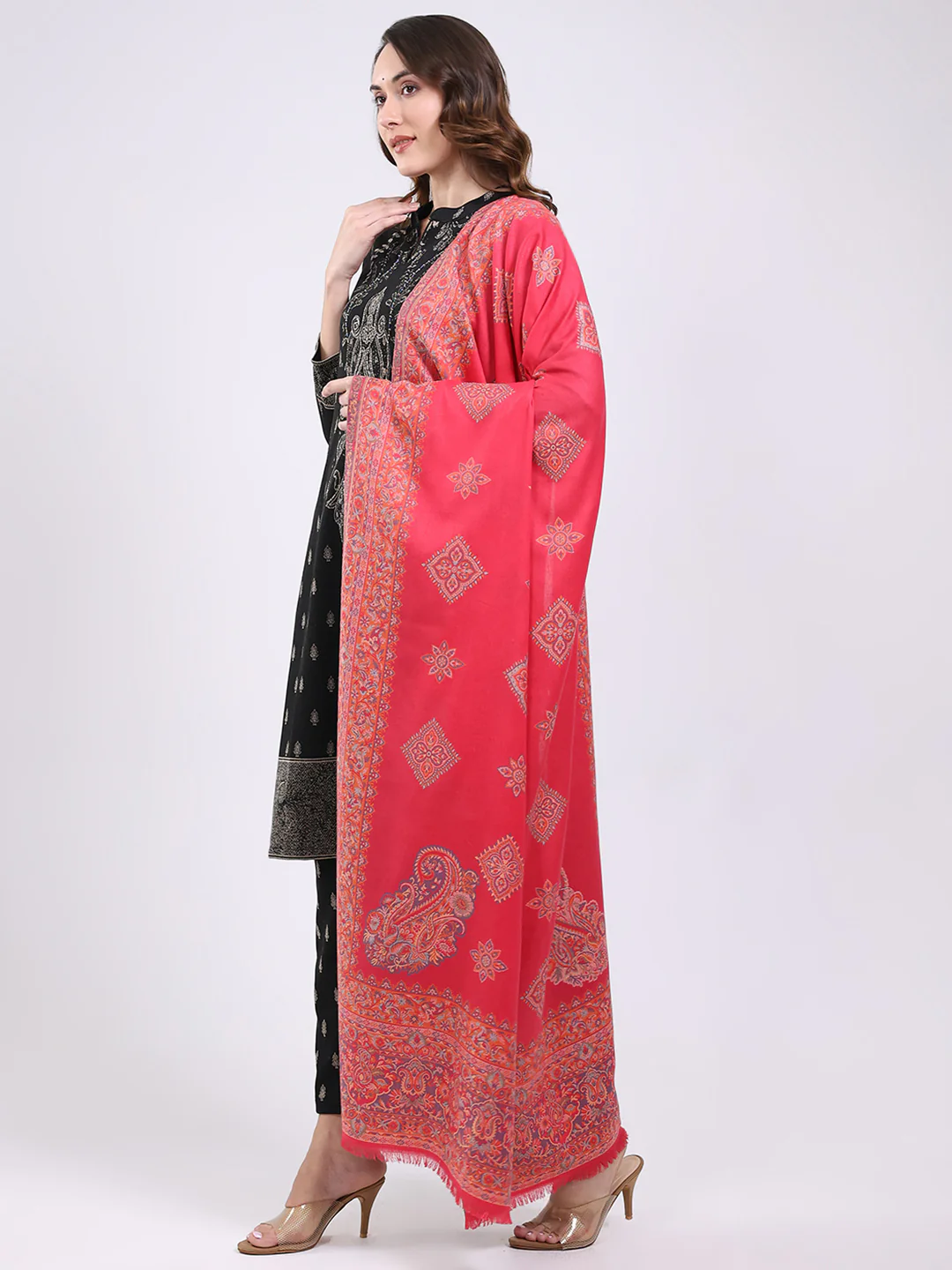 Women Pink Printed Wool Blend Shawl - Image 3