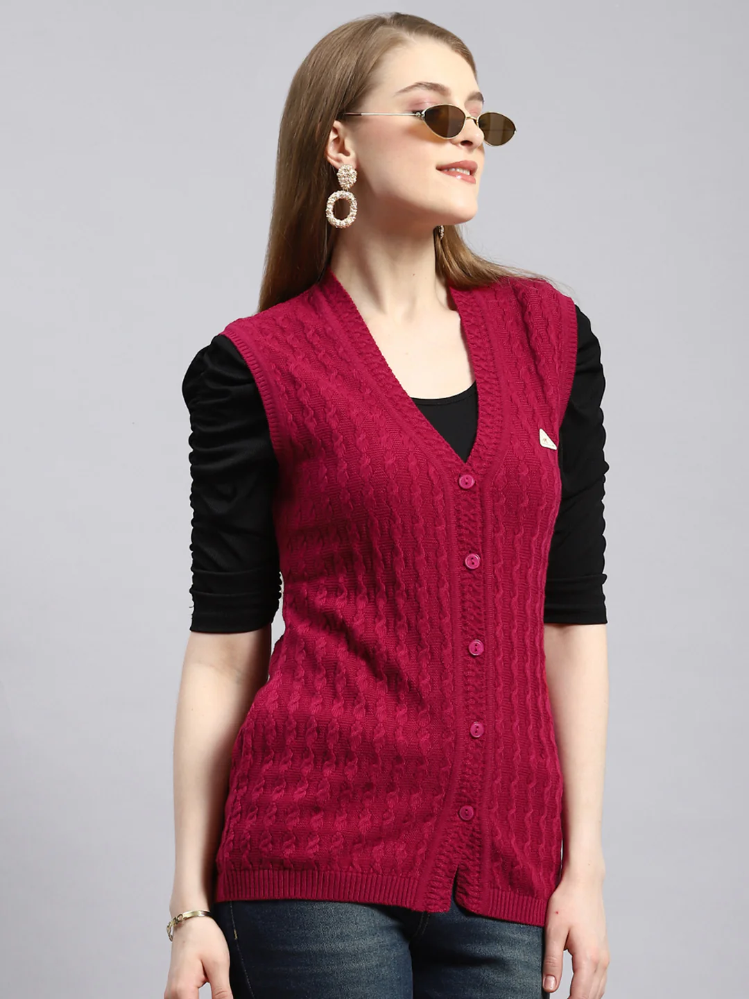 Women Pink Self Cardigan - Image 2