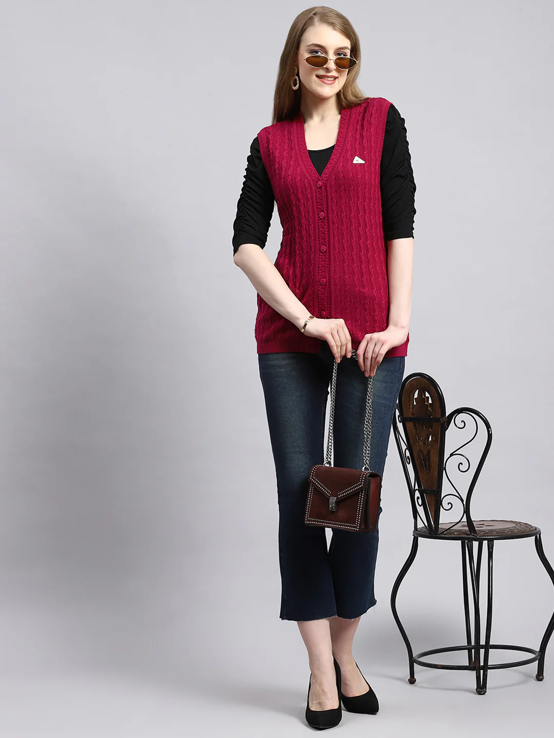 Women Pink Self Cardigan - Image 5