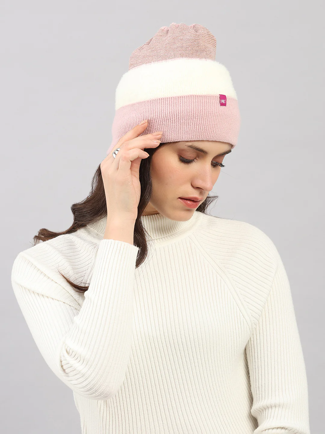 Women Pink Self Design Blend Wool Cap - Image 4