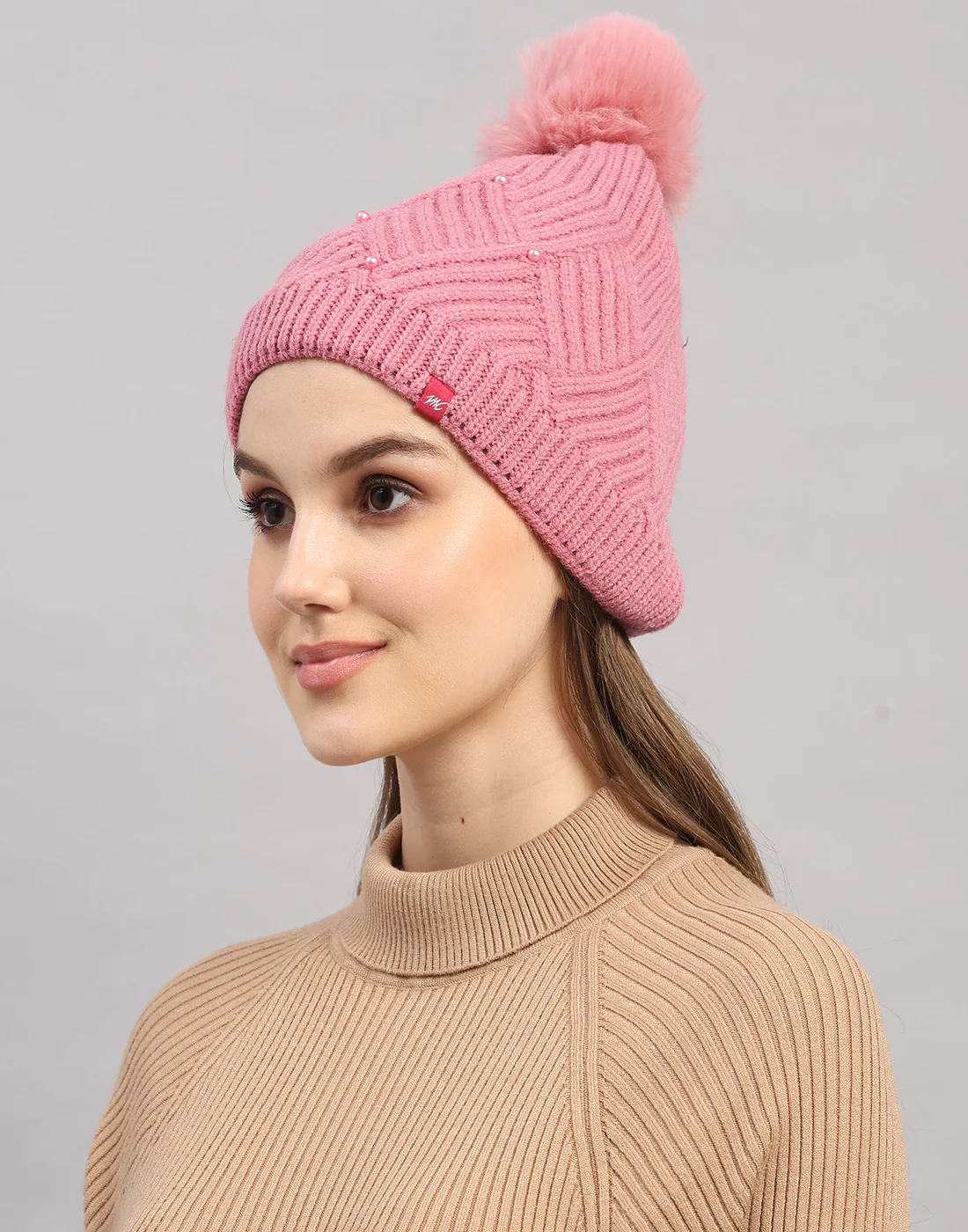 Women Pink Self Design Blend Wool Cap - Image 3