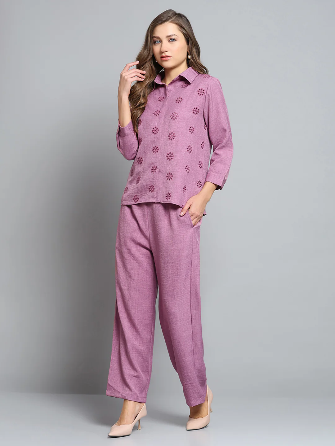 Women Pink Self Design Collar 3/4th Sleeve Cords Set - Image 4