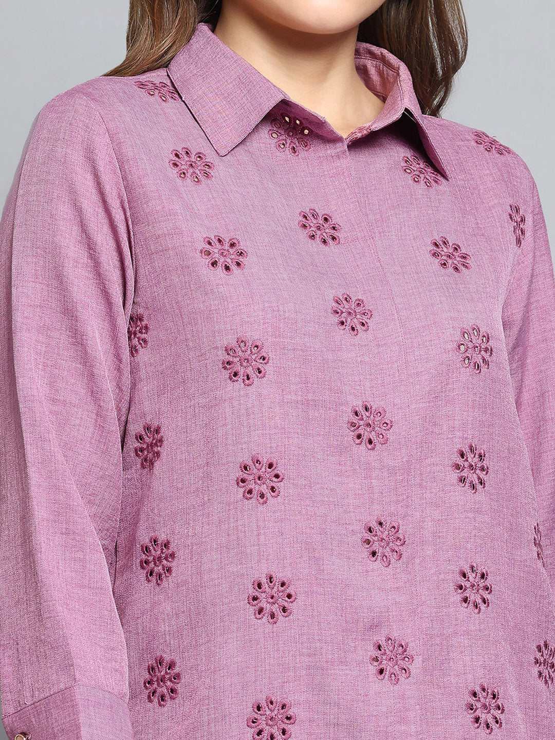 Women Pink Self Design Collar 3/4th Sleeve Cords Set - Image 7