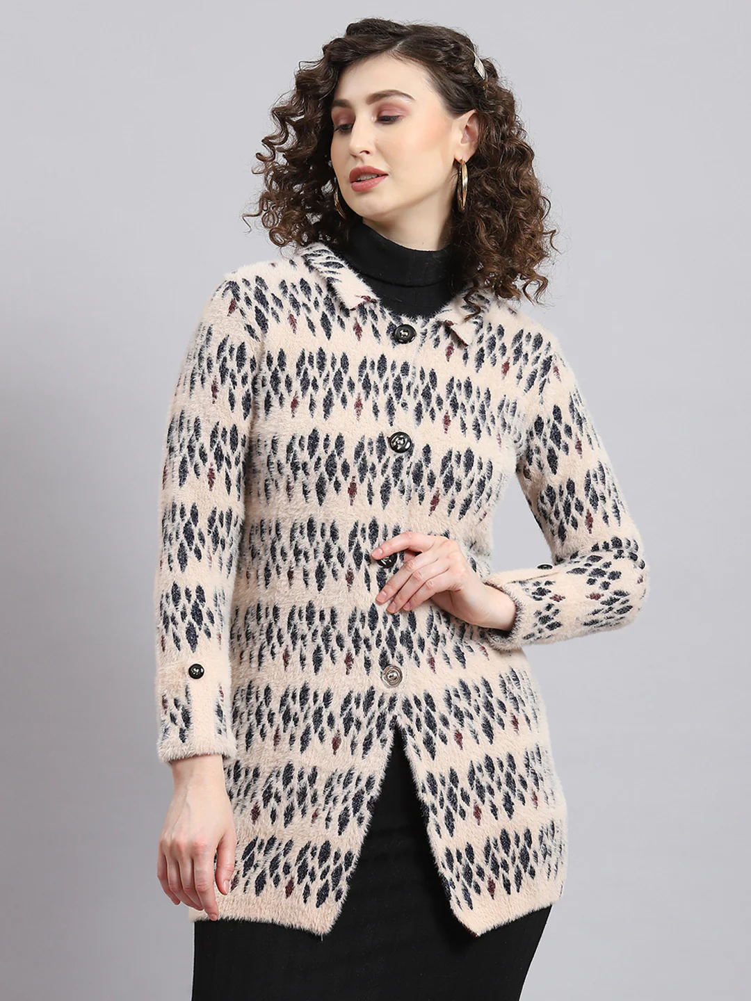 Women Pink Self Design Collar Full Sleeve Coat - Image 5