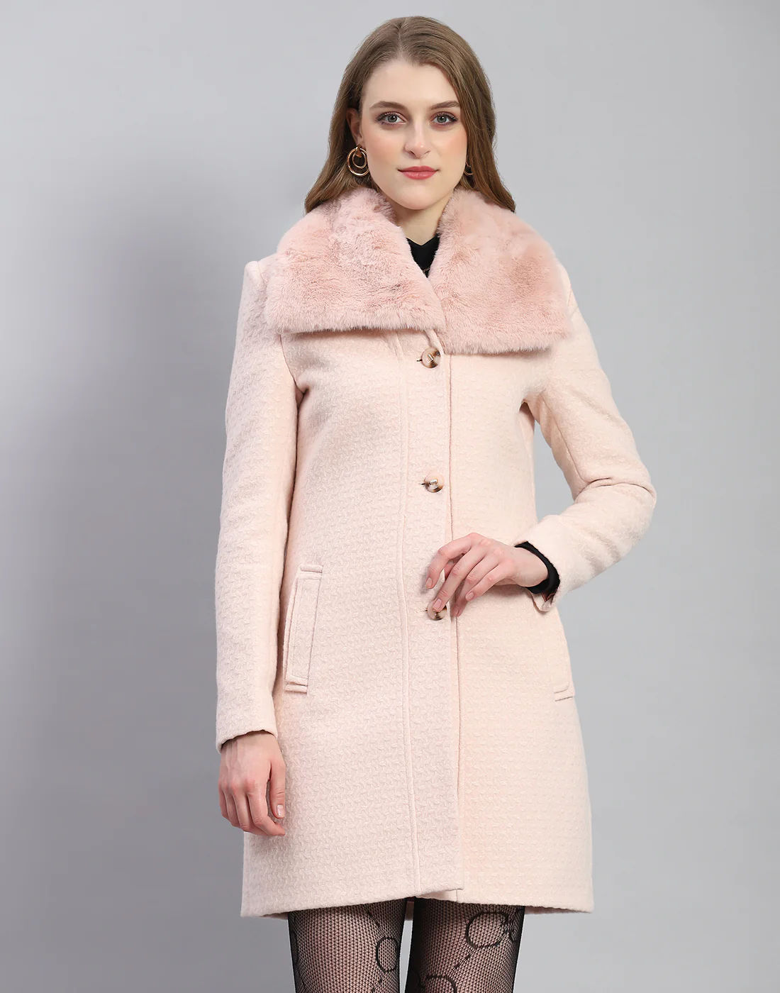 Women Pink Self Design Collar Full Sleeve Coat - Image 2