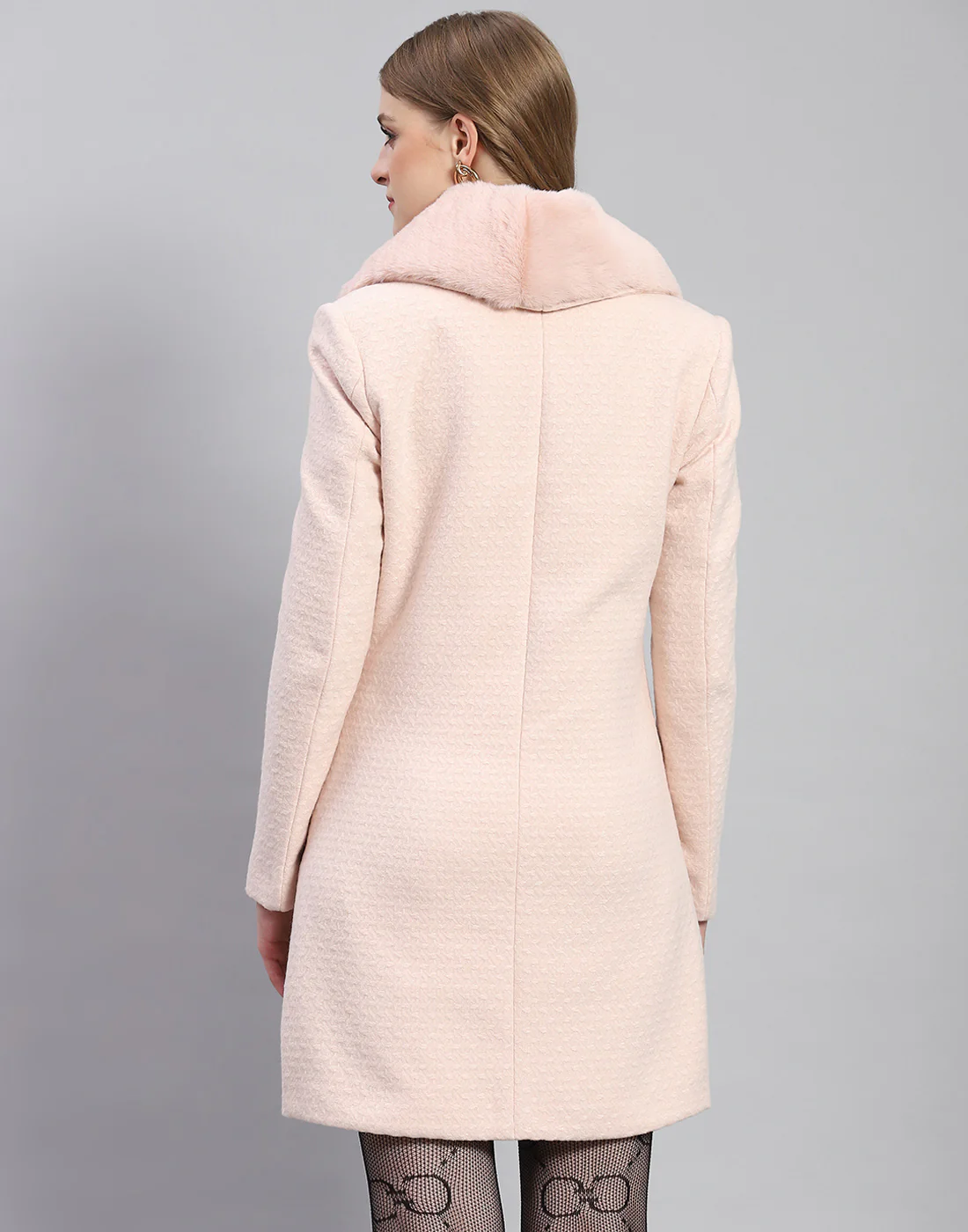 Women Pink Self Design Collar Full Sleeve Coat - Image 5