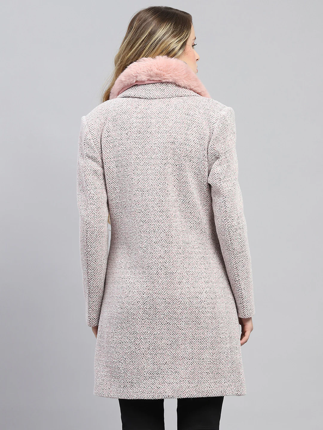 Women Pink Self Design Collar Full Sleeve Coat - Image 5