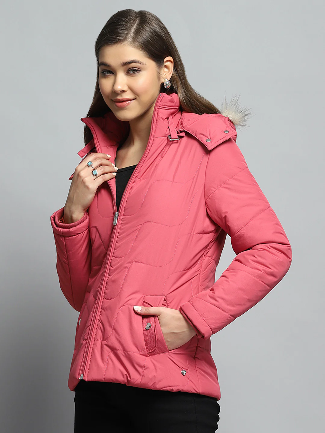 Women Pink Self Design Detachable Hood Full Sleeve Jacket - Image 3