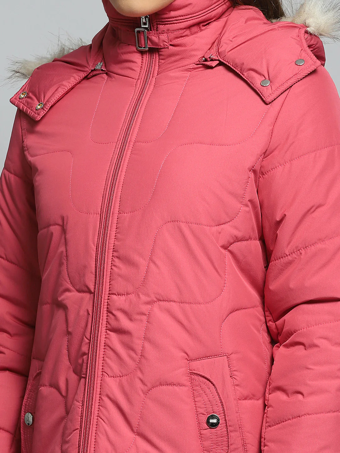 Women Pink Self Design Detachable Hood Full Sleeve Jacket - Image 7