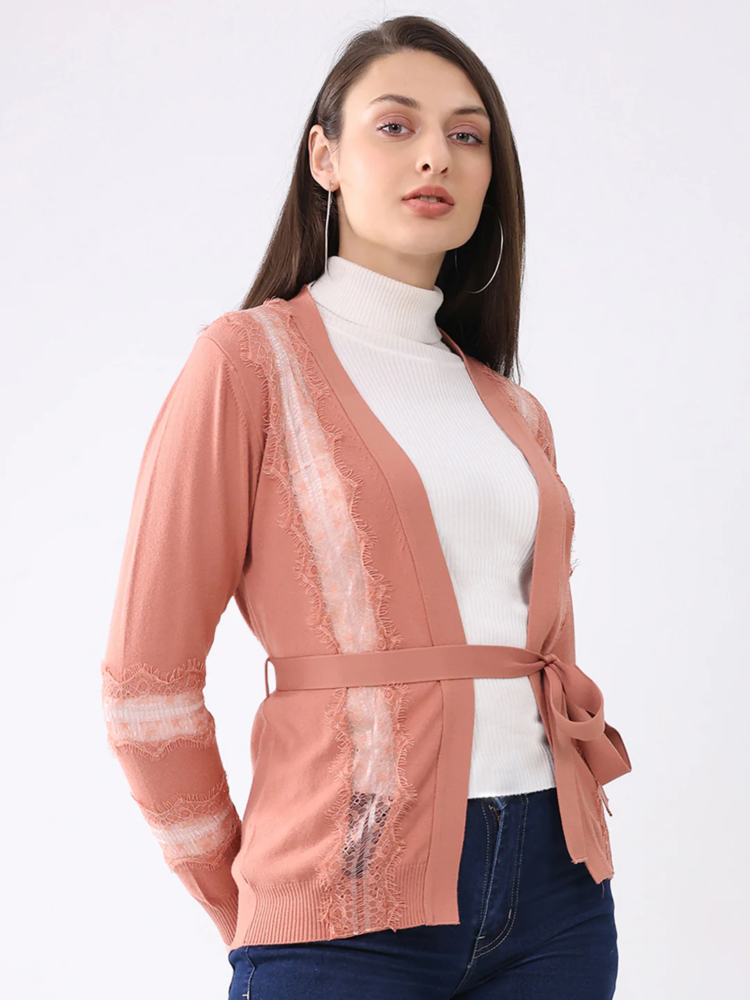 Women Pink Self Design Front Open Full Sleeve Cardigan - Image 4