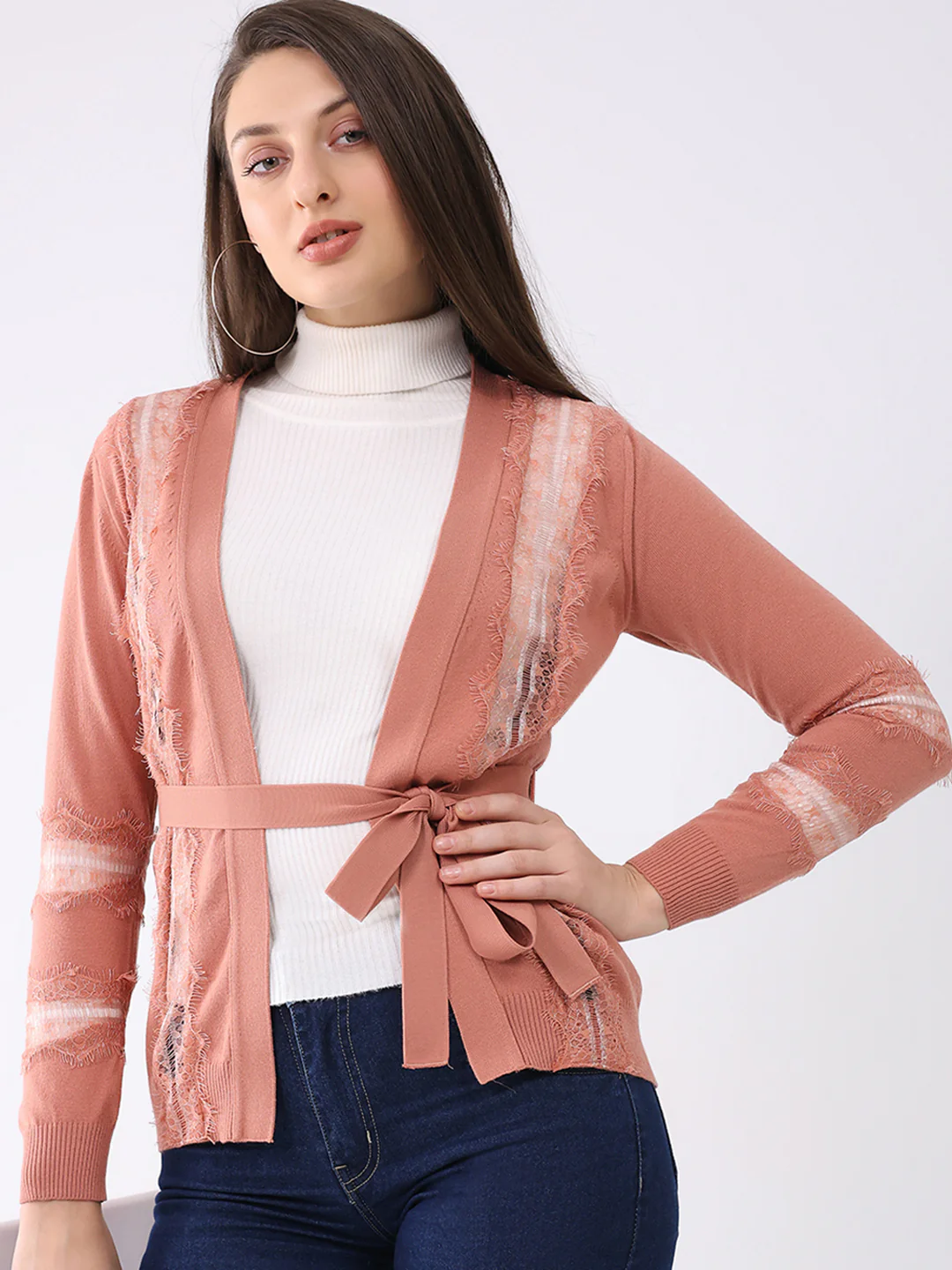Women Pink Self Design Front Open Full Sleeve Cardigan - Image 6