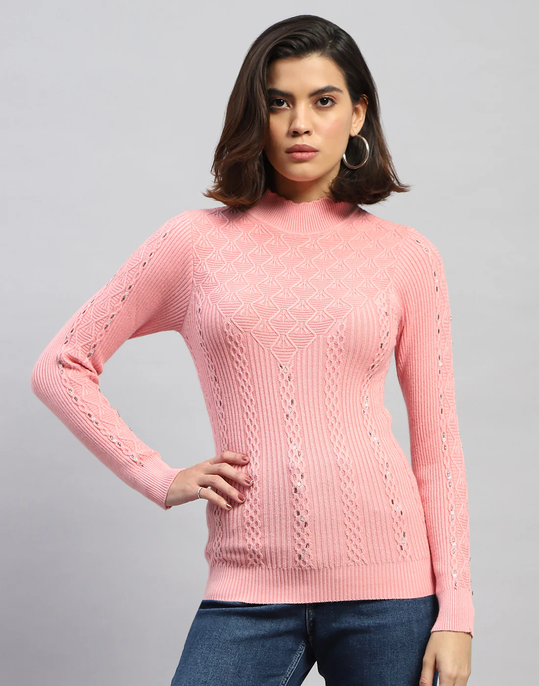 Women Pink Self Design High Neck Full Sleeve Sceavy - Image 2
