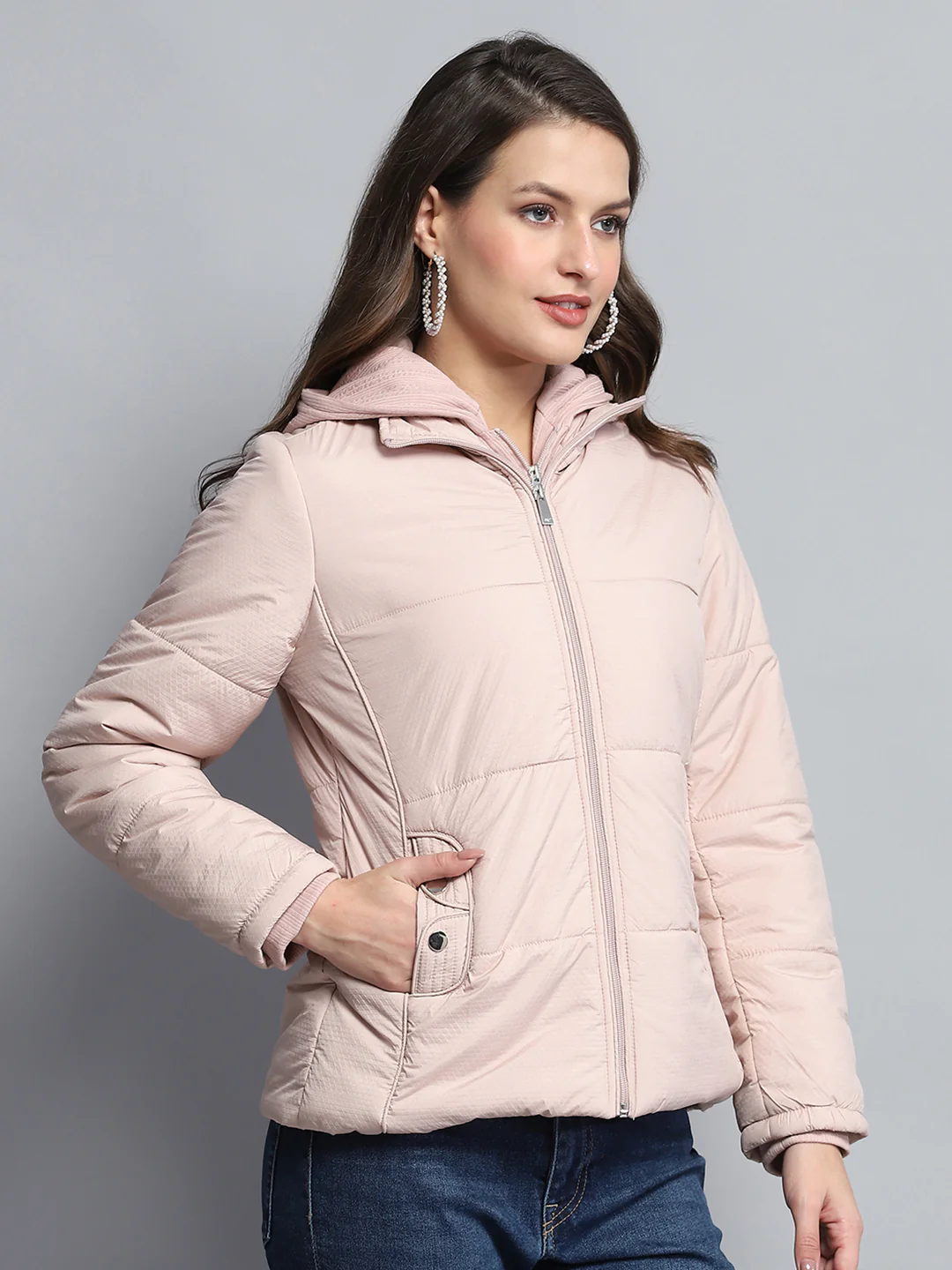 Women Pink Self Design Hooded Full Sleeve Jacket - Image 4