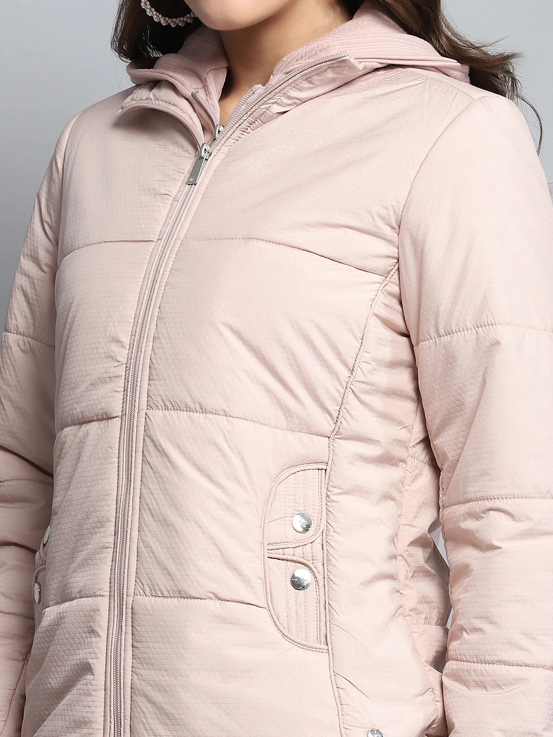 Women Pink Self Design Hooded Full Sleeve Jacket - Image 6
