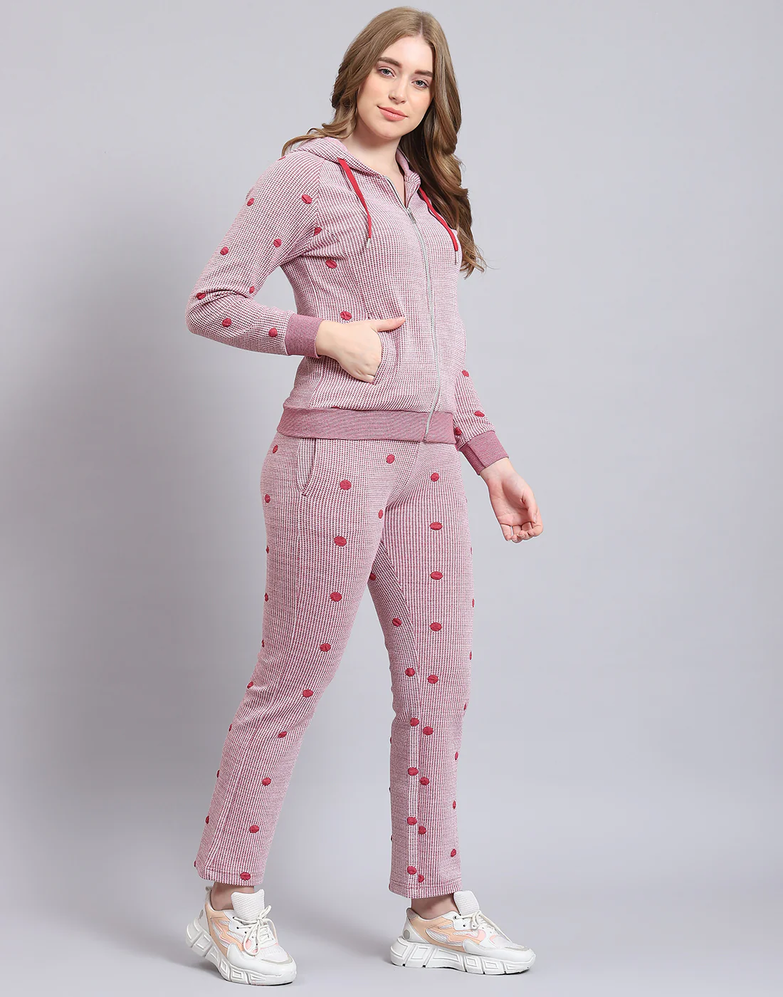 Women Pink Self Design Hooded Full Sleeve Tracksuit - Image 2